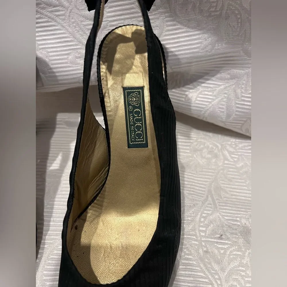 Gucci Black Fabric Covered Slingback Heels Bows On Back Shoes Sz US 6.5 EU 37.5 - Picture 6 of 10